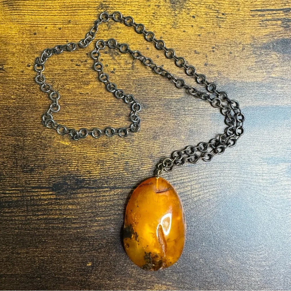 Baltic Amber Free Form Pendant Necklace Butterscotch Honey Antiqued Chain 26” - Picture 6 of 16